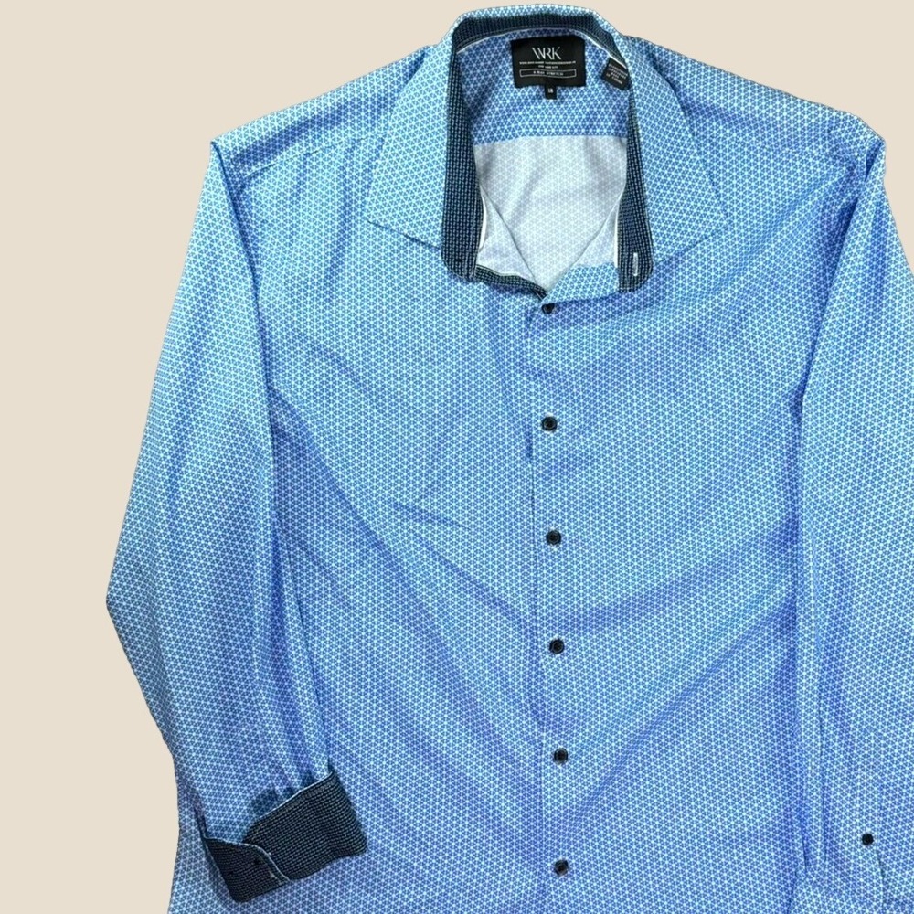 WRK Dress Shirt Men 18 Blue White Geometric 4-Way Stretch Flip Cuff Performance
